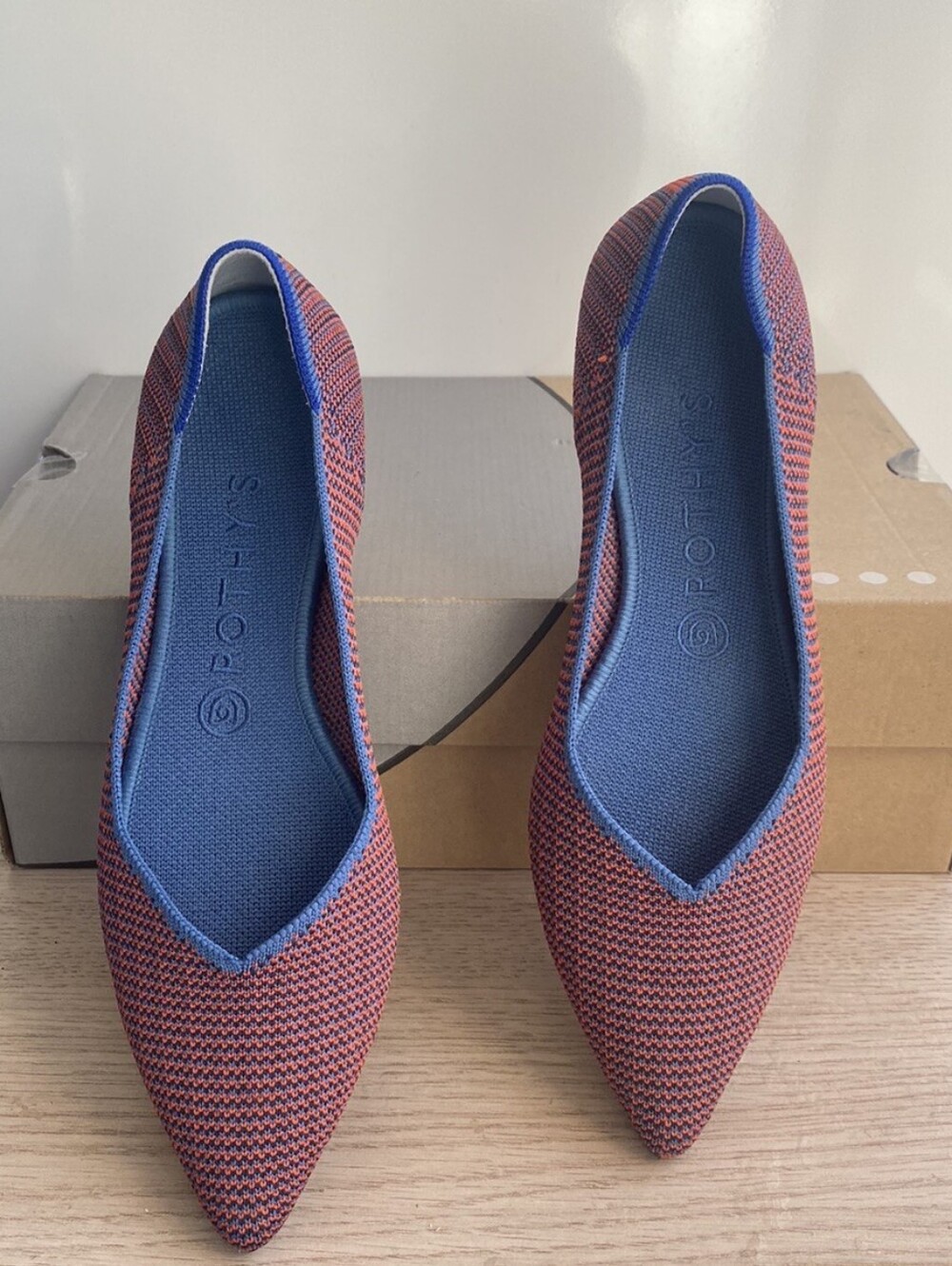 Rothy’s The Point Flat Tangerine Tripe Stitch Blue Orange Woven Ballet 11.5